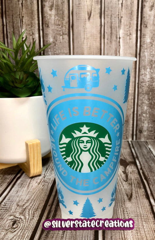 Life is Better Around the Campfire Reusable 24 oz Cold Cup- Blue