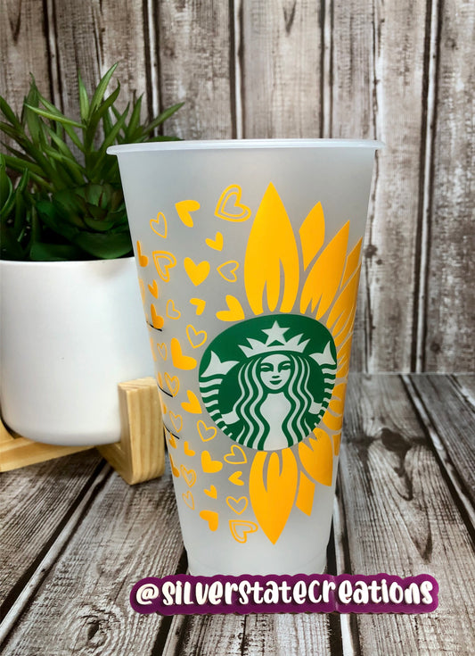 Sunflower Graffiti Hearts Reusable 24 oz Cold Cup - Old Gold