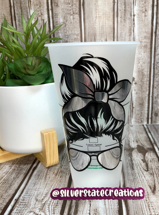 Messy Bun Reusable 24 oz Cold Cup - Silver Mirrored