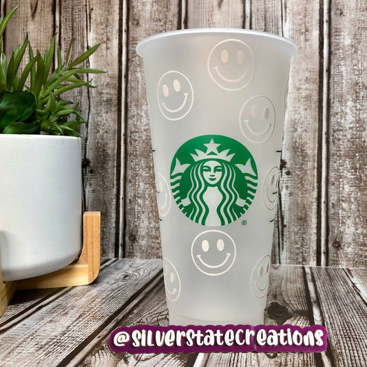 Smiley Faces Reusable 24 oz Cold Cup - White